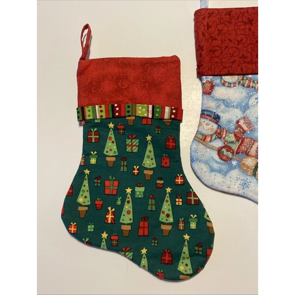 Handmade Christmas Stockings 12” Lot Of 2 Winter Snowman Trees Presents